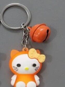 Cute Orange Hello Kitty Shape Key Chains- With Bell 4 Inches