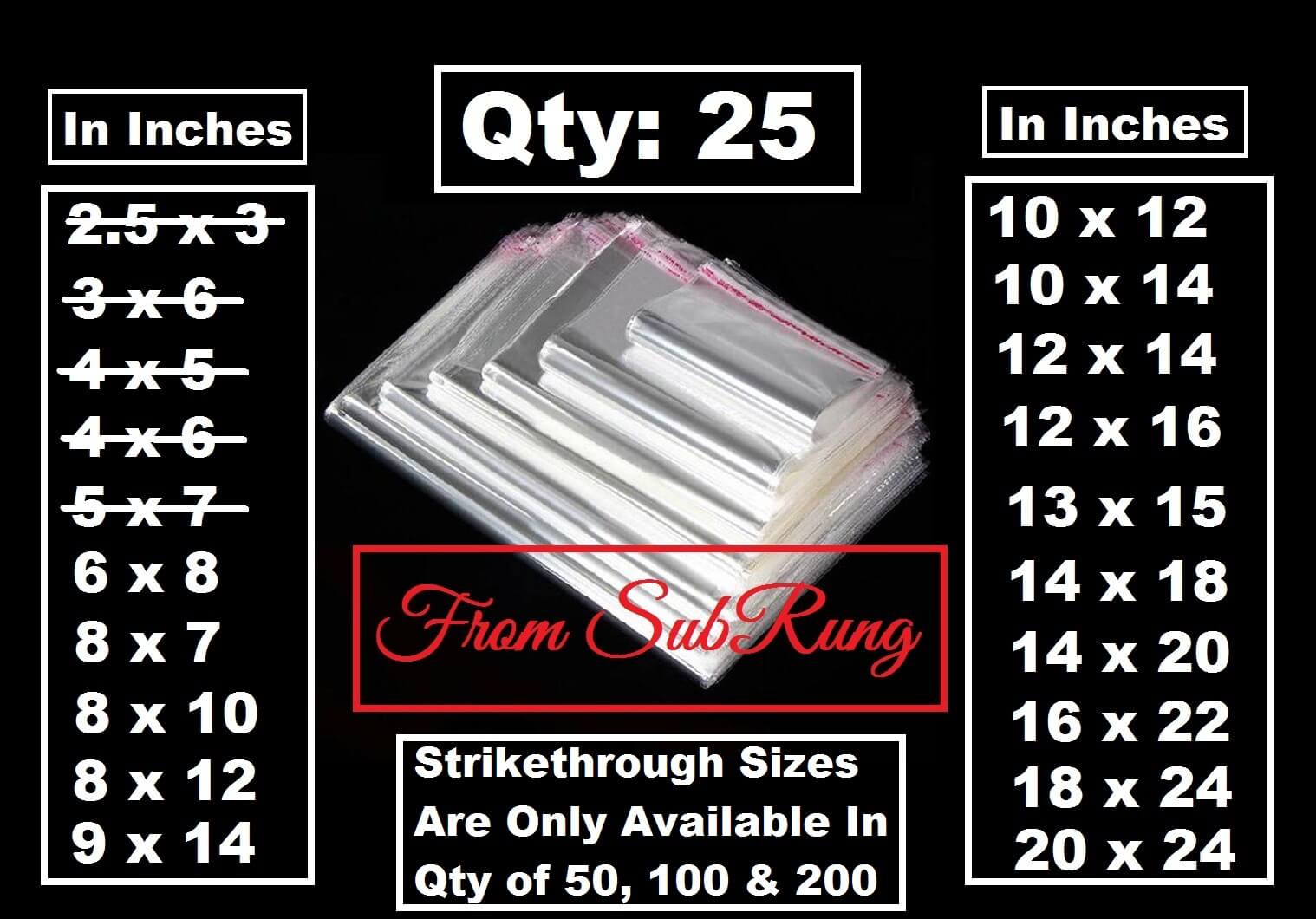 25 Qty Transparent Plastic BOPP Bags In 15 Different Sizes- Adhesive Sealing